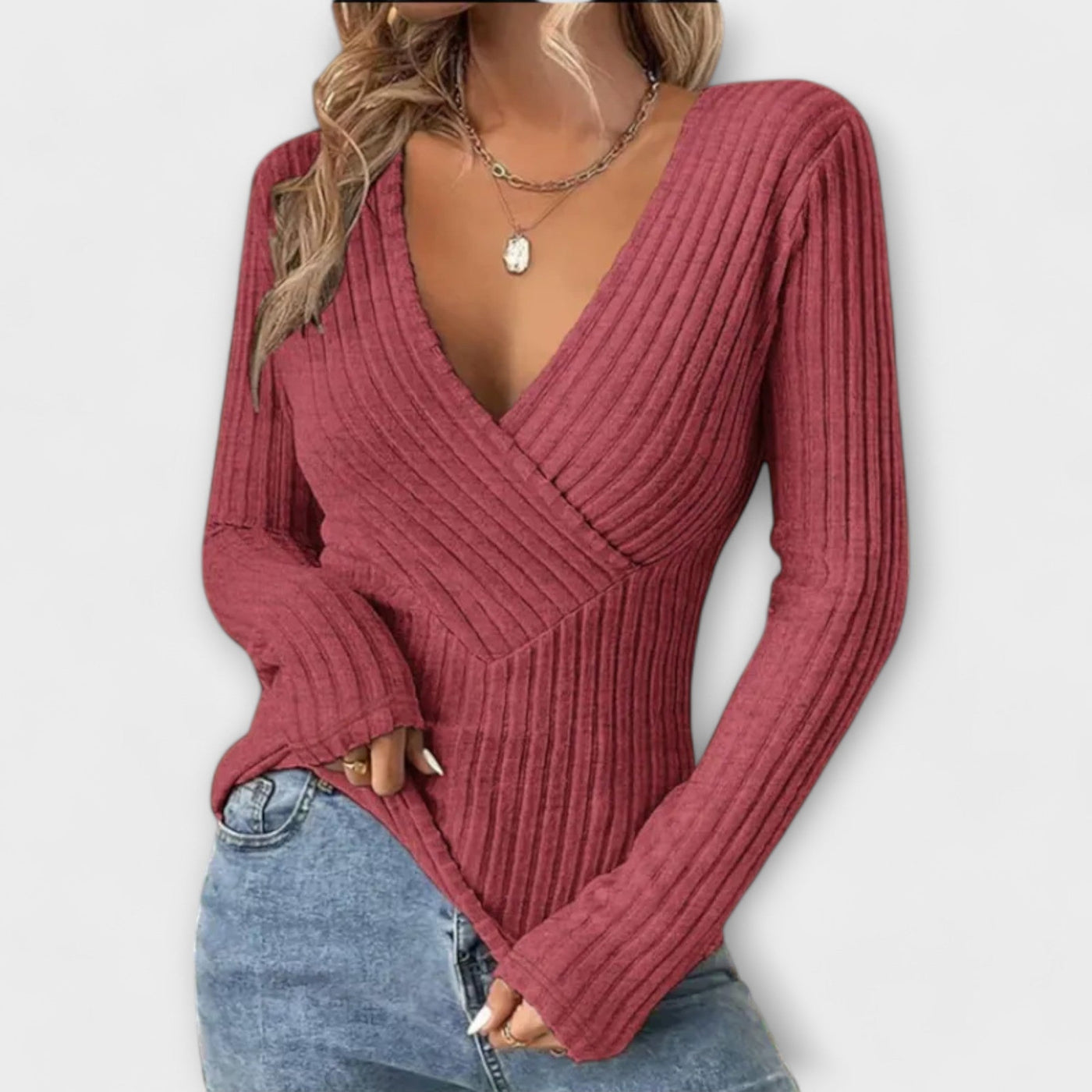 Emily – Ribbed T-shirt with Twisted Front and V-Neck