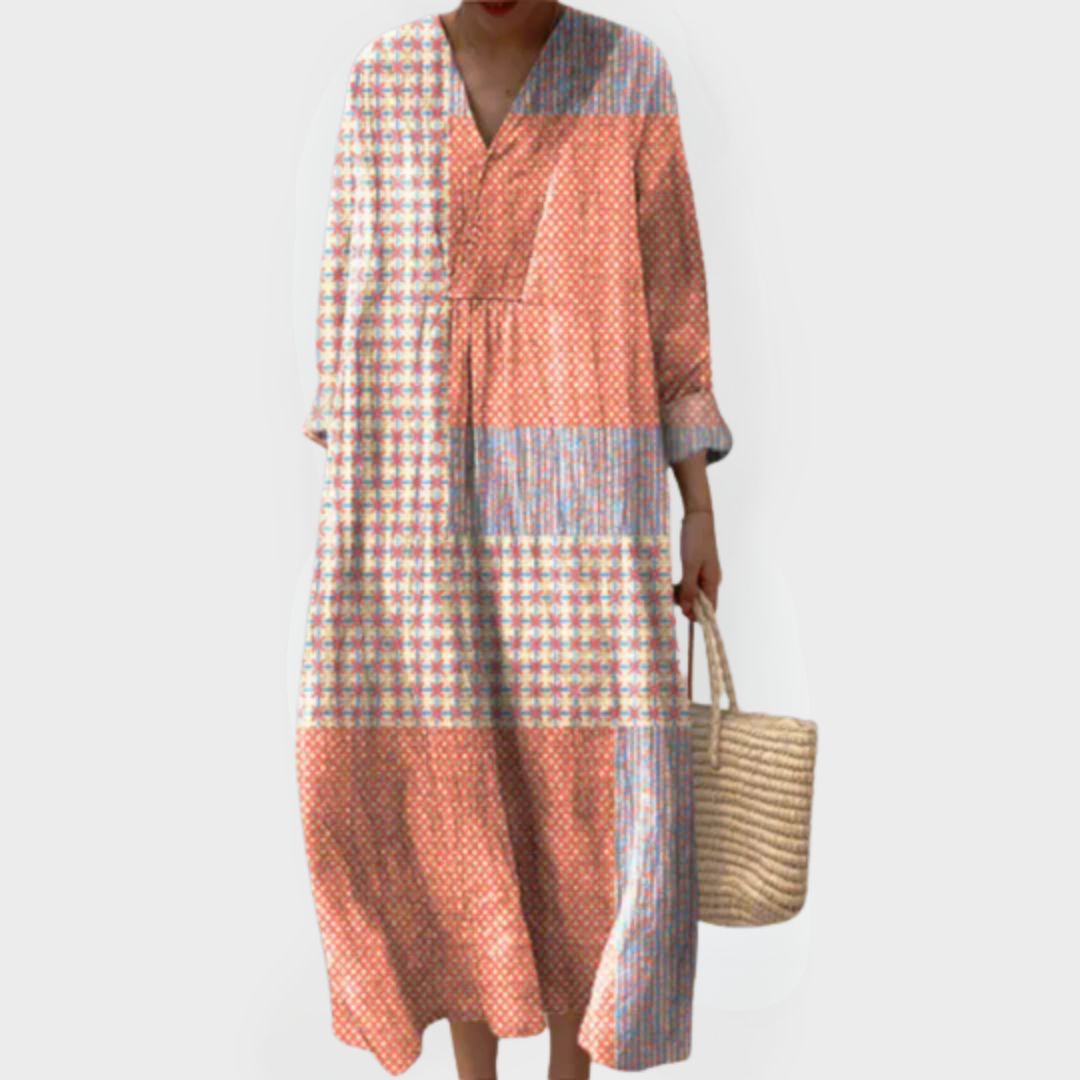 Nora | Coral Starburst Patchwork Midi Dress