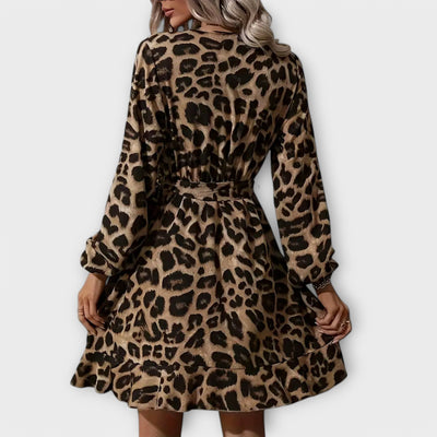 Chic Leopard Print Dress with V-Neck and Tie Belt