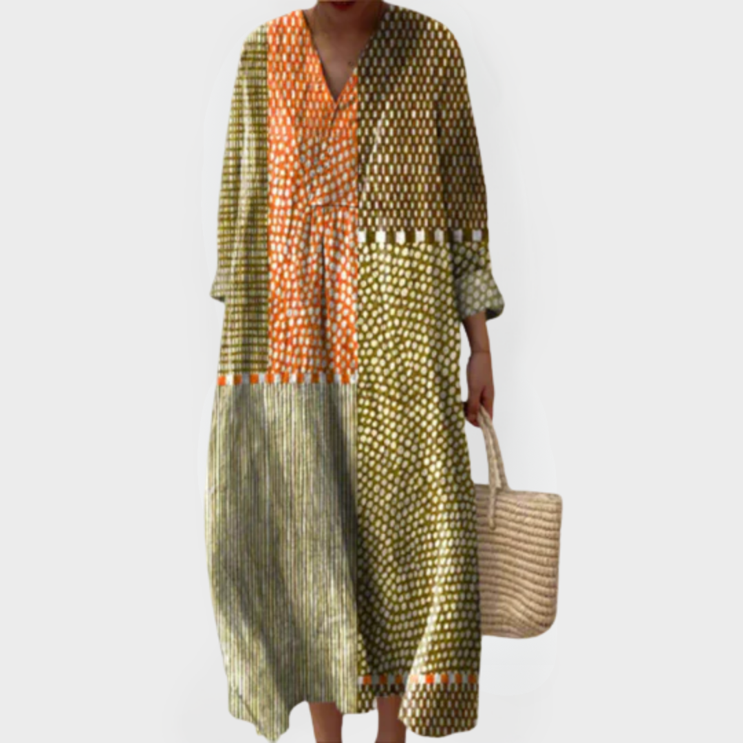 Vivienne | Earthy Patchwork Dotted Midi Dress