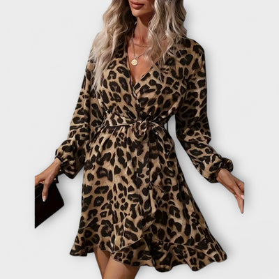 Chic Leopard Print Dress with V-Neck and Tie Belt