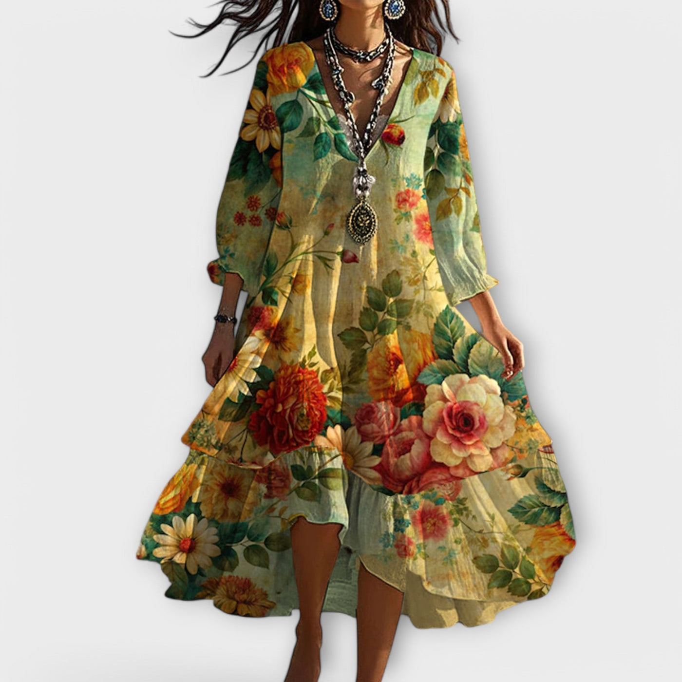 Marina - Vintage Boho Floral Print V-Neck Dress